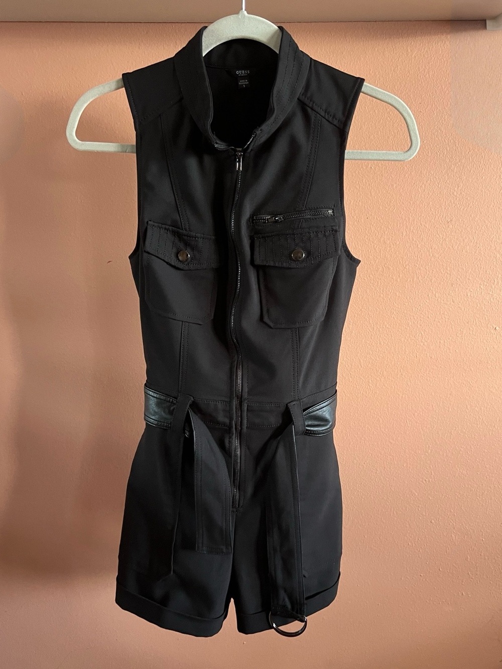Vintage Guess Y2K Black Utility Cargo Romper Zip Front Belted Size Small